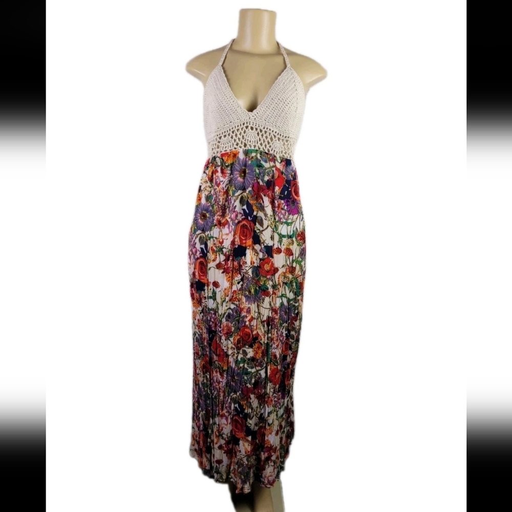 Selfie Couture By Trendology XS/S Crochet‎ Floral Maxi Halter Dress Beachy Boho